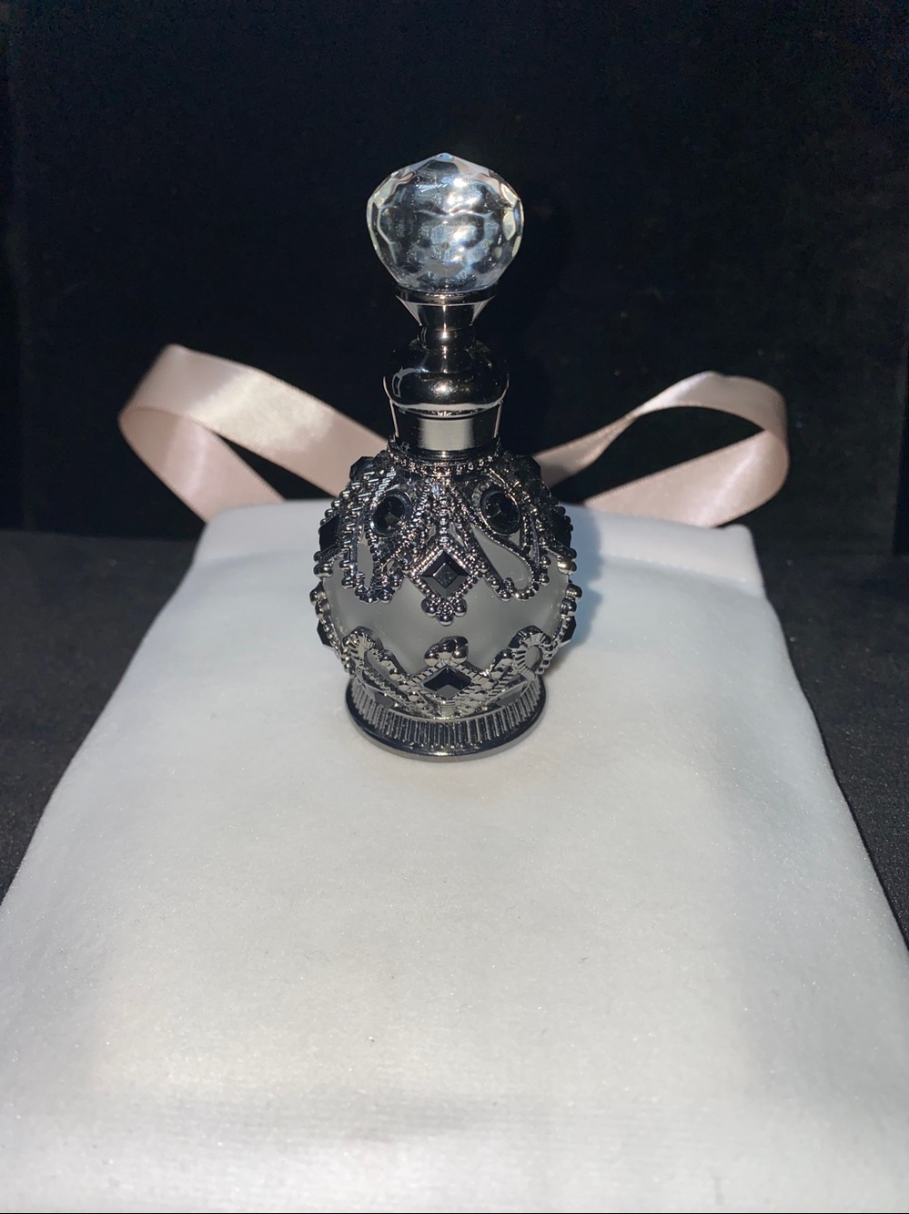 Victorian inspired Glass Perfume Bottle Ornate Filigree Design Black Crystal